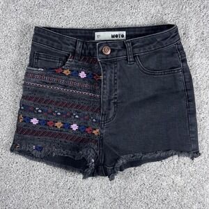 Topshop MOTO Embroidered Black Denim‎ Shorts Womens W25 Fringe Hem